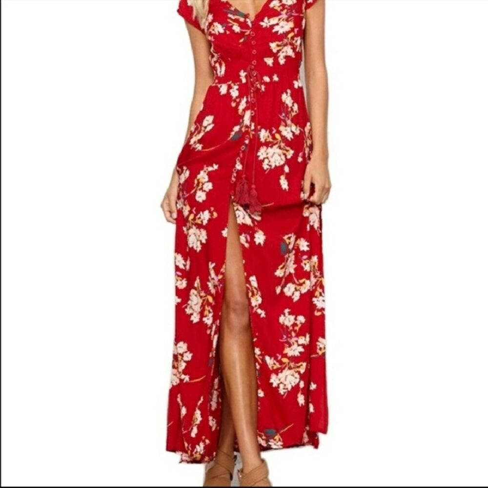 Lulus Red Floral Maxi Dress